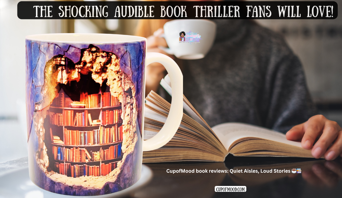 book themed mug with bookshelf design next to open book cozy reading scene