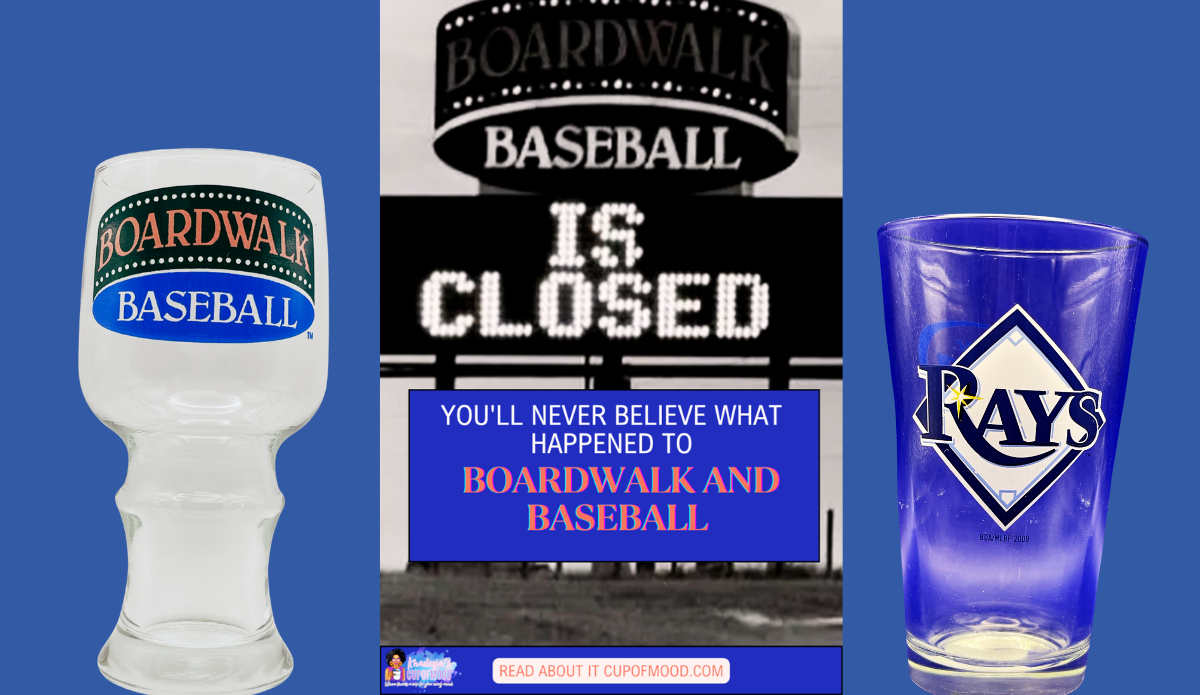Boardwalk and Baseball closed sign with vintage baseball drinkware and Tampa Bay Rays glass