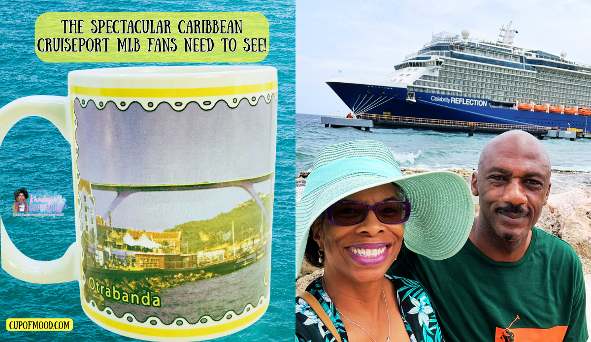 Curaçao cruise port Celebrity Reflection ship selfie with Otrabanda mug Willemstad