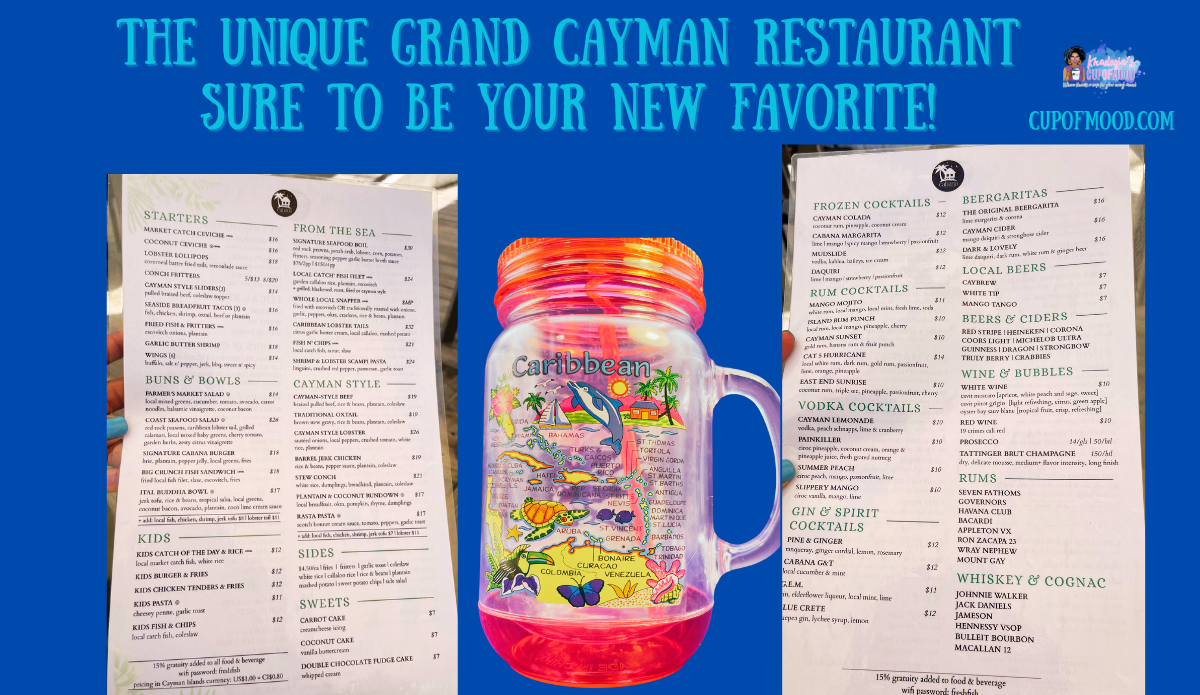 Grand Cayman restaurant menu with Caribbean souvenir mug