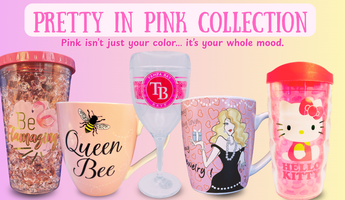 Pretty In Pink Collection featuring pink mugs and drinkware with cute feminine designs