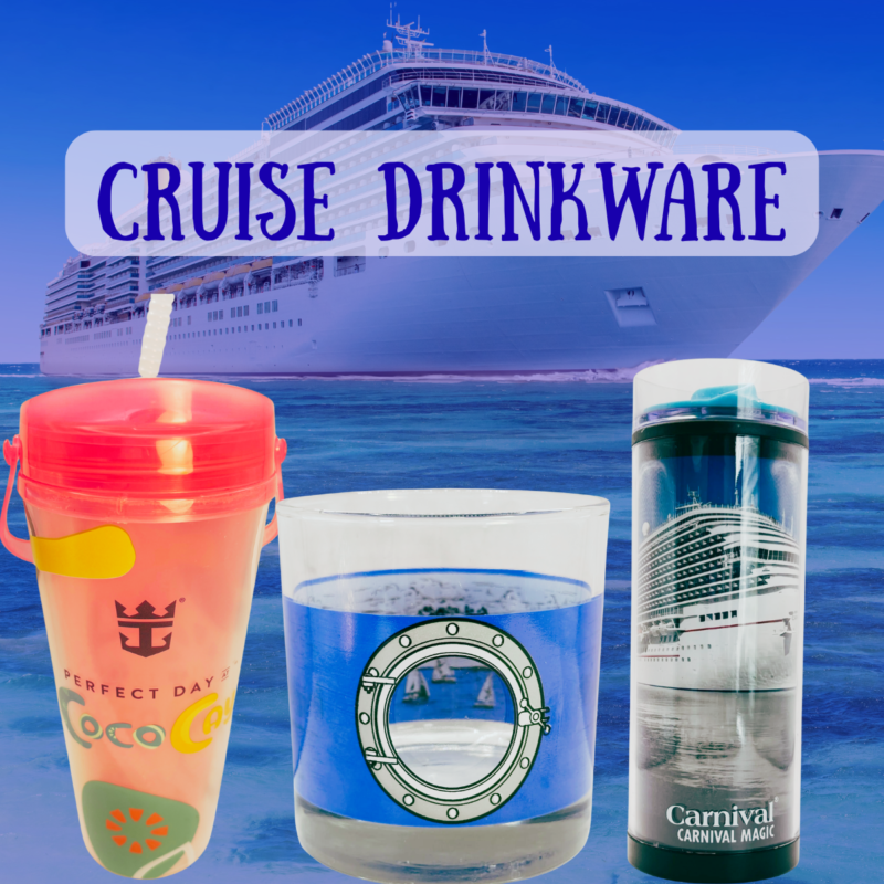 Cruise drinkware collection featuring cruise ship mugs, tumblers, and souvenir cups.