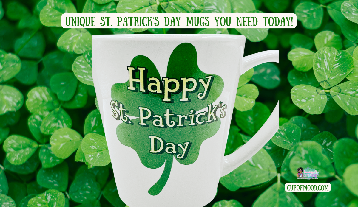 Unique St. Patrick’s Day mugs featuring a Happy St. Patrick’s Day shamrock coffee mug on a green clover background