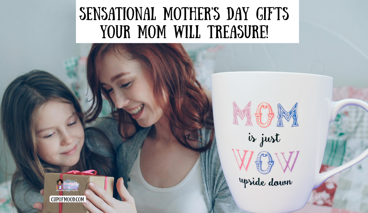 Mother receiving thoughtful Mother’s Day gift with Mom is Wow upside down mug and child smiling