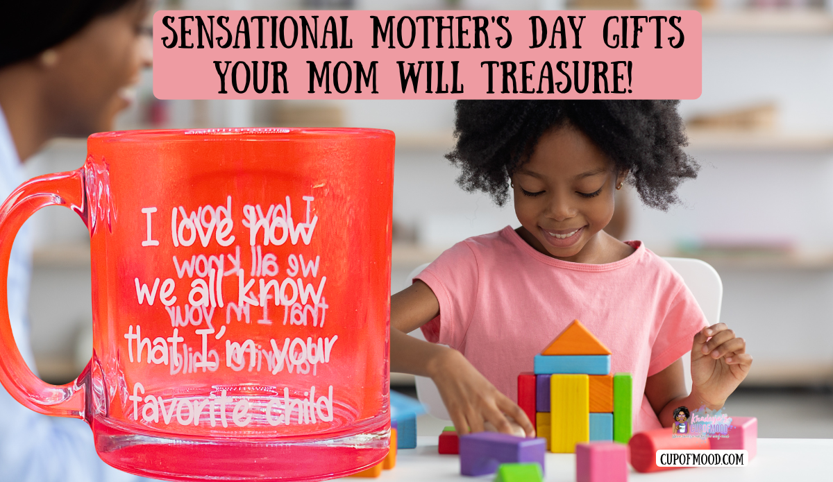 child playing with blocks next to favorite child mug funny Mother’s Day gifts