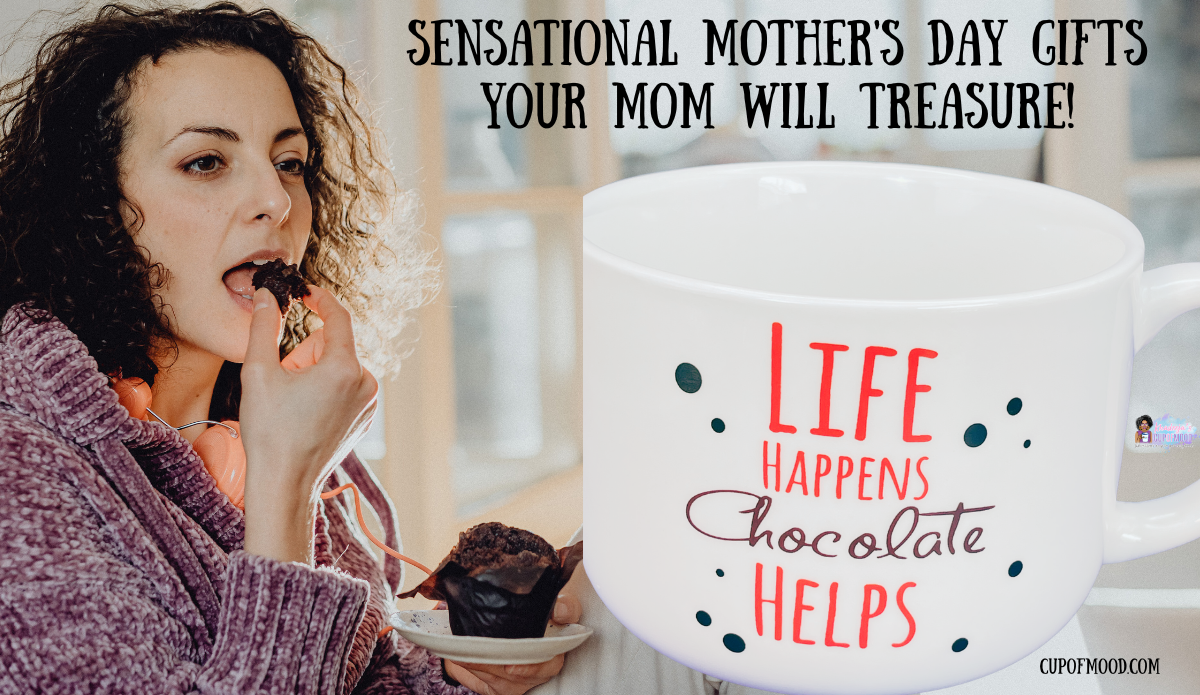 woman eating chocolate with life happens chocolate helps mug cozy Mother’s Day gifts