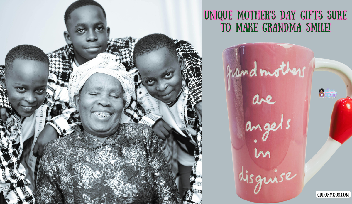 unique Mother’s Day gifts for grandma with smiling grandmother and grandchildren black and white photo and pink angel mug