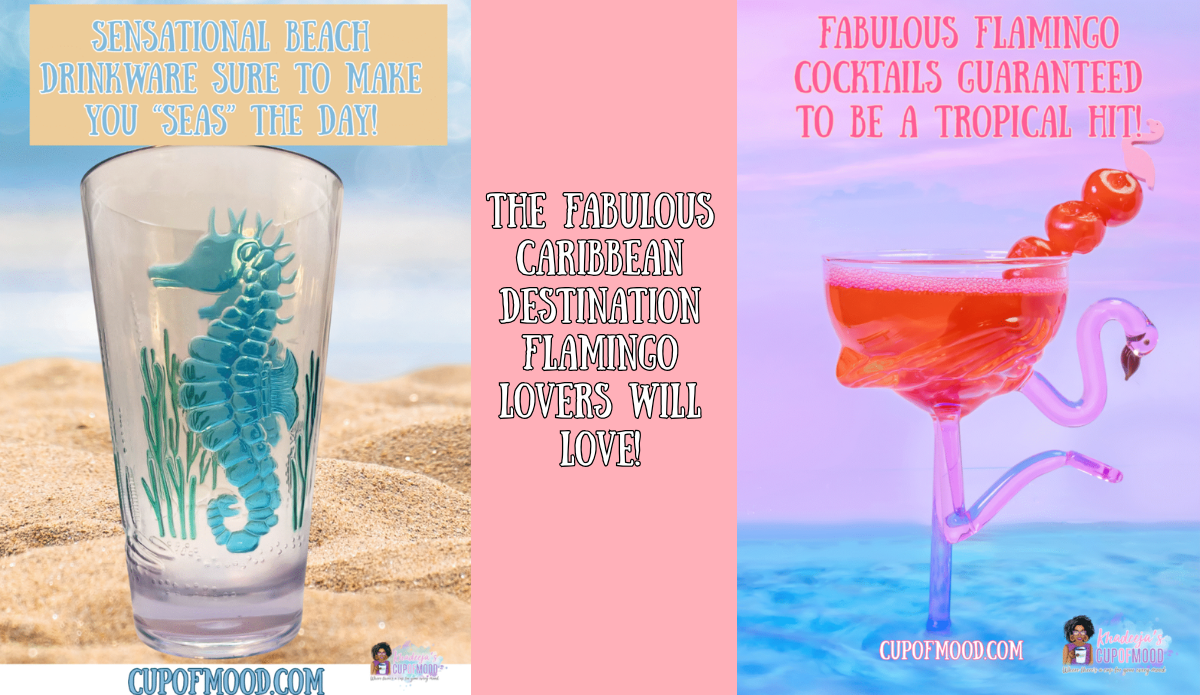 flamingo cocktail glass and beach drinkware with tropical flamingo theme and Caribbean vibe
