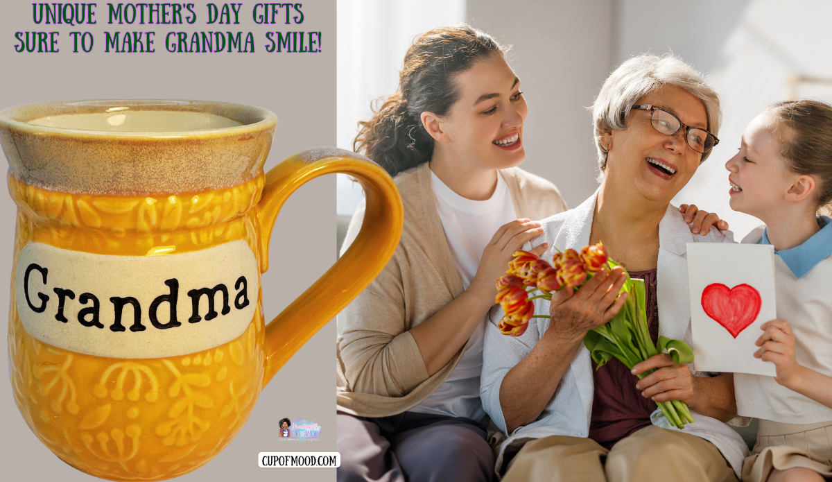 Mother’s Day gifts for grandma with yellow Grandma mug and family giving flowers and card