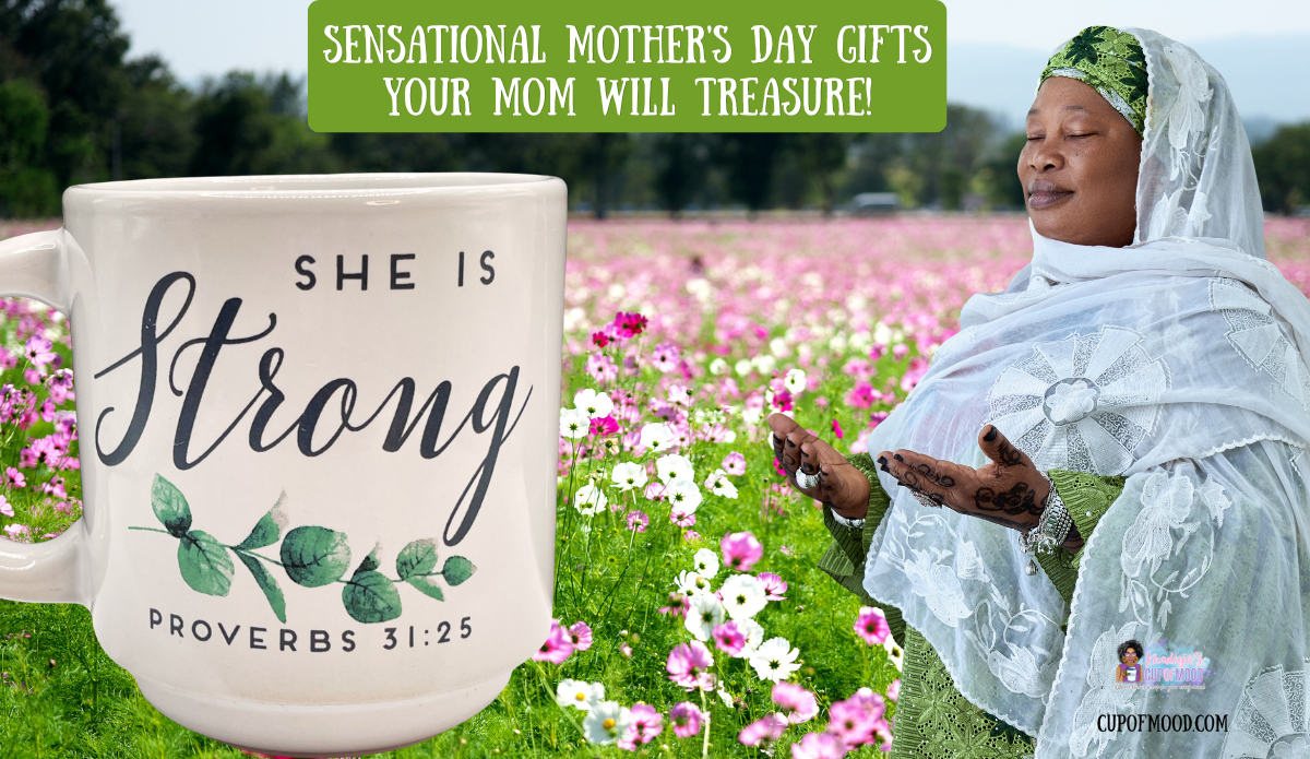 woman praying in field with she is strong proverbs 31 25 mug Mother’s Day gifts