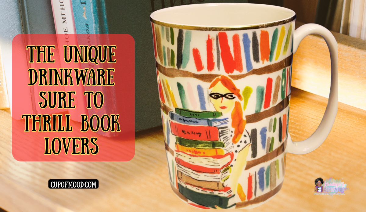Kate Spade illustrated reader book themed mug with stacked books and cozy library vibe