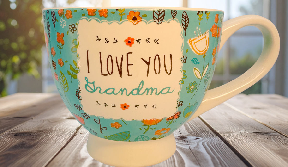 I Love You Grandma mug on wooden table cozy kitchen setting