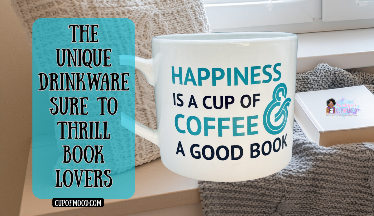 happiness is coffee and a good book themed mug cozy window reading scene