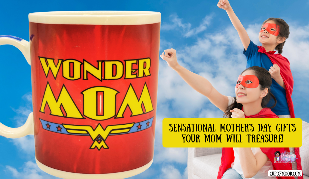 mom and child dressed as superheroes with wonder mom mug Mother’s Day gifts