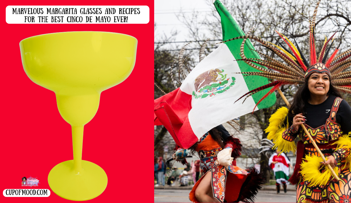 bright yellow margarita glass paired with Cinco De Mayo cultural celebration dancers and Mexican flag