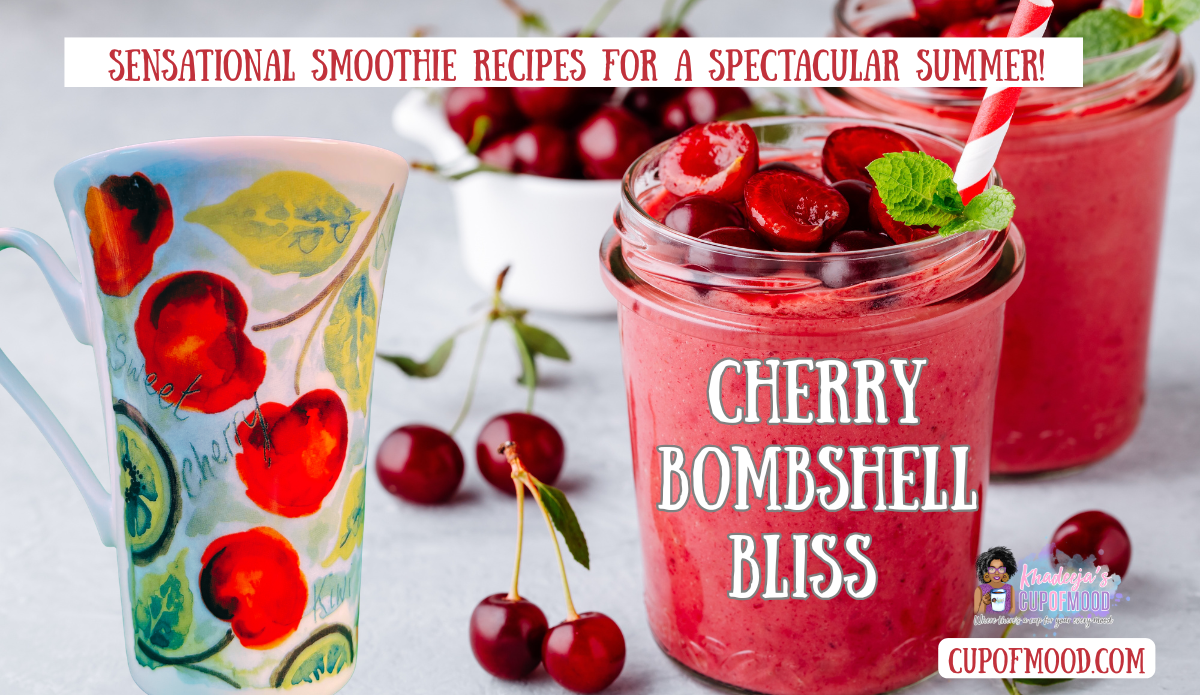 Cherry Bombshell Bliss smoothie recipe paired with Roy Kirkham Sweet Cherries fine bone china mug.