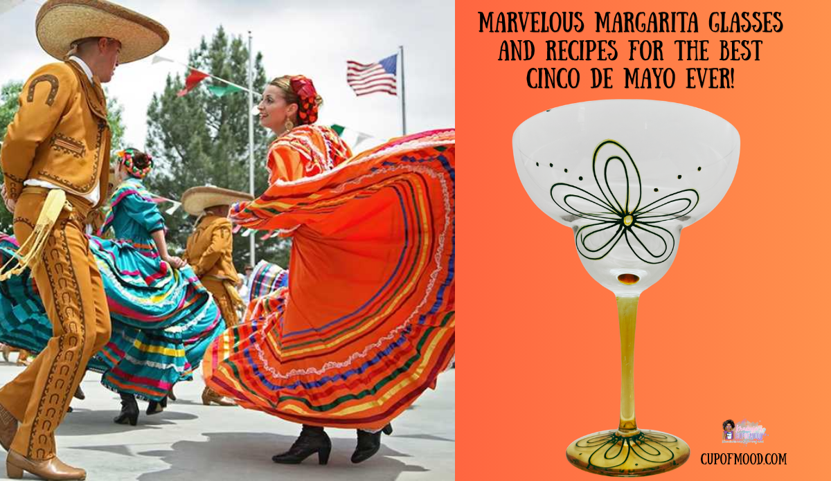 hand painted floral margarita glass with amber stem paired with traditional Cinco De Mayo dancers