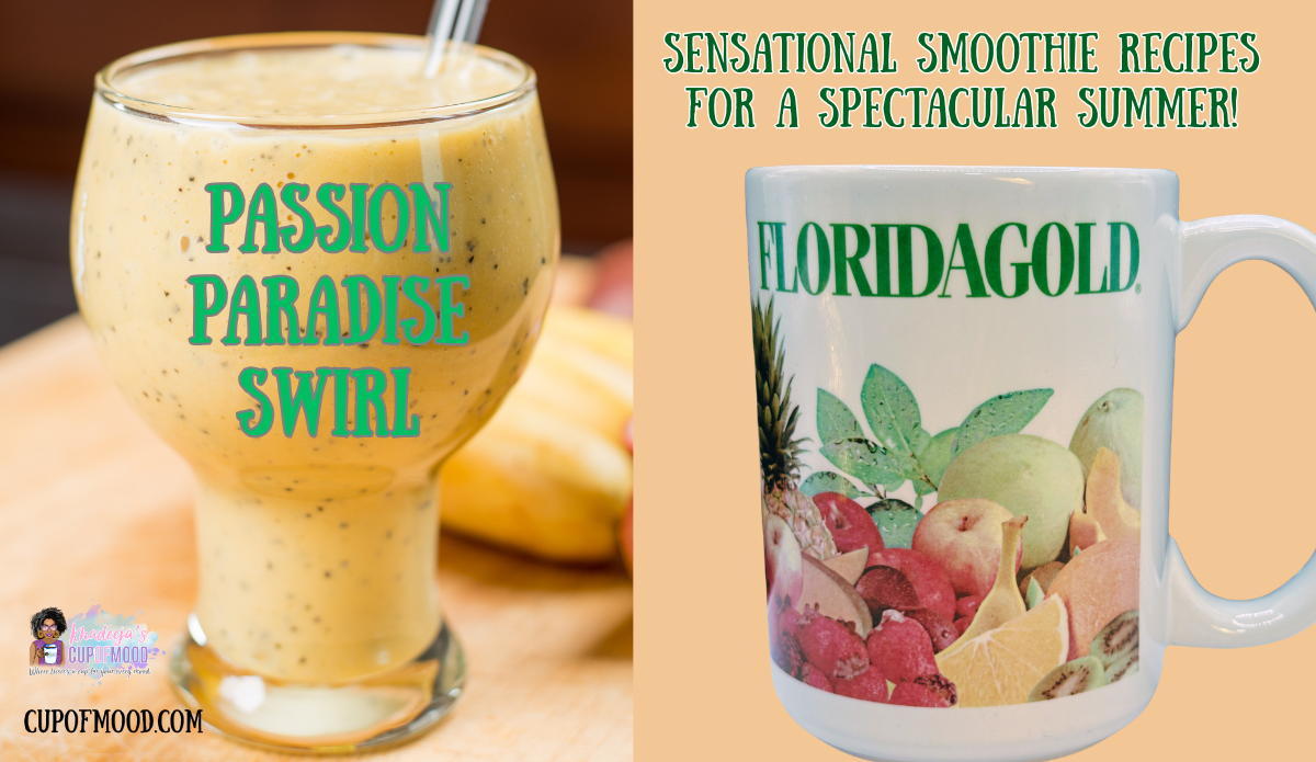Passion Paradise Swirl smoothie recipe paired with Florida Gold souvenir mug from CupofMood.
