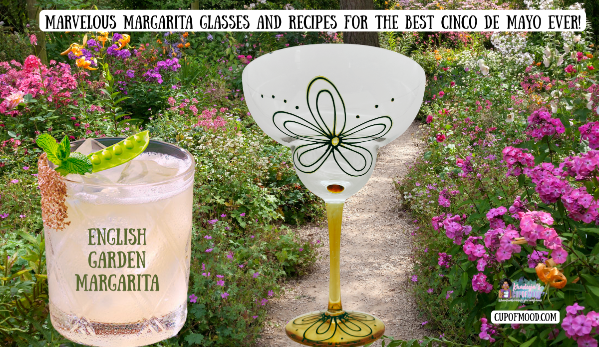 English garden margarita with floral margarita glass in garden setting for elegant cocktail presentation