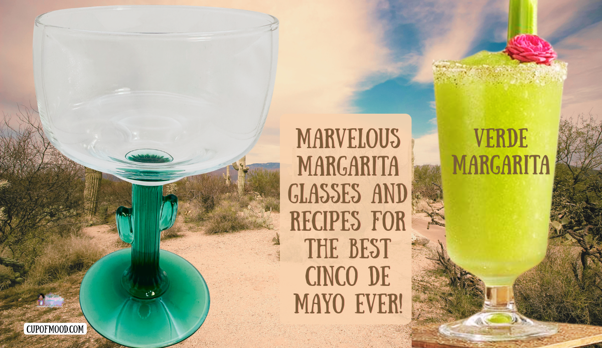 verde margarita paired with cactus margarita glass in desert setting for Cinco De Mayo drink inspiration