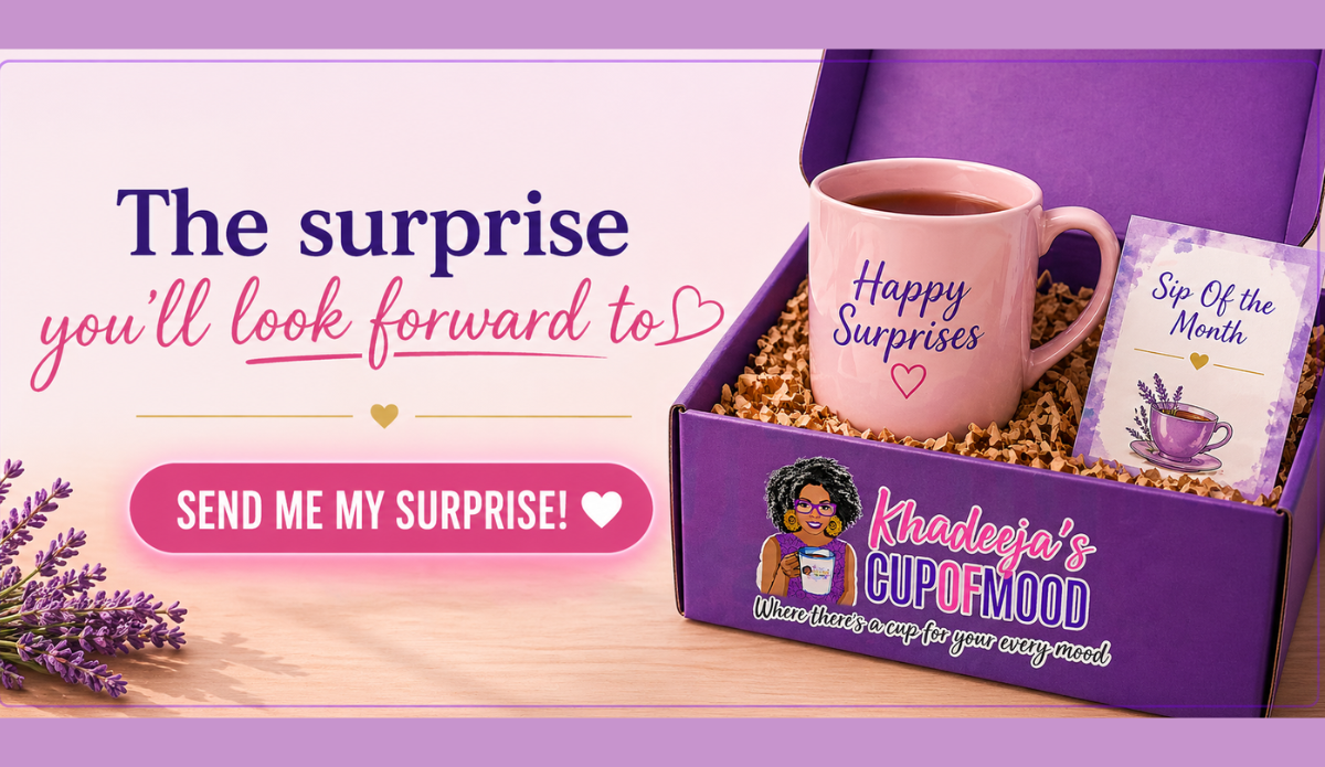 Surprise Sip monthly mug subscription box with Happy Surprises mug and Sip of the Month card from CupofMood