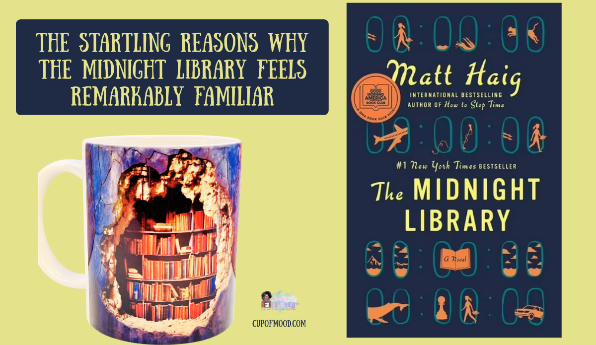 The Midnight Library review featuring library bookshelf mug and Matt Haig book cover