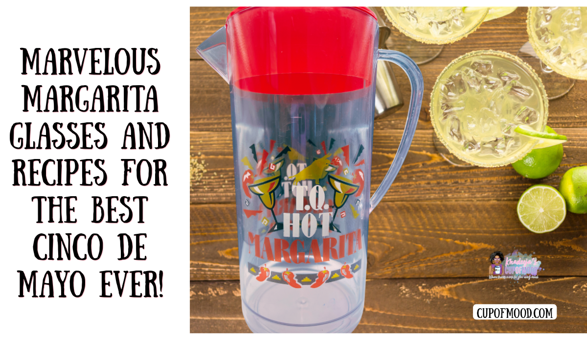 T.O. HOT margarita acrylic pitcher with colorful fiesta design and margarita glasses for Cinco De Mayo party setup