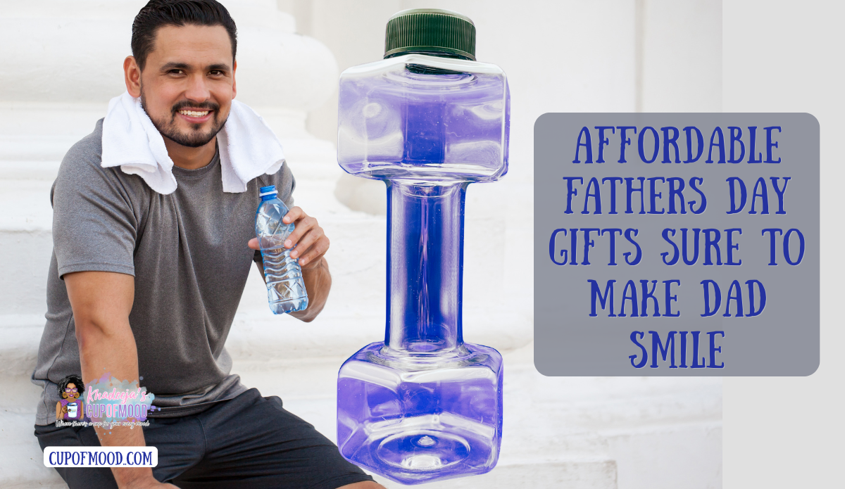 Affordable Fathers Day gifts featuring dumbbell water bottle for fitness-loving dads.