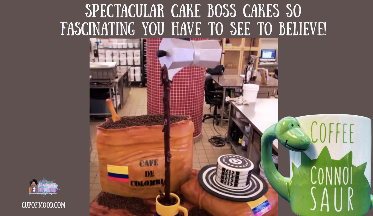Cake Boss coffee sack cake paired with dinosaur coffee mug from CupofMood