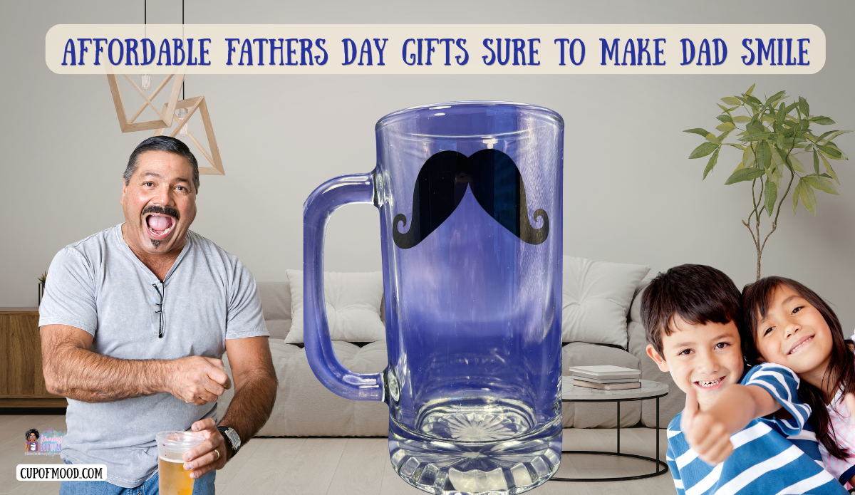 Affordable Fathers Day gifts featuring curly mustache glass beer mug for fun dads.