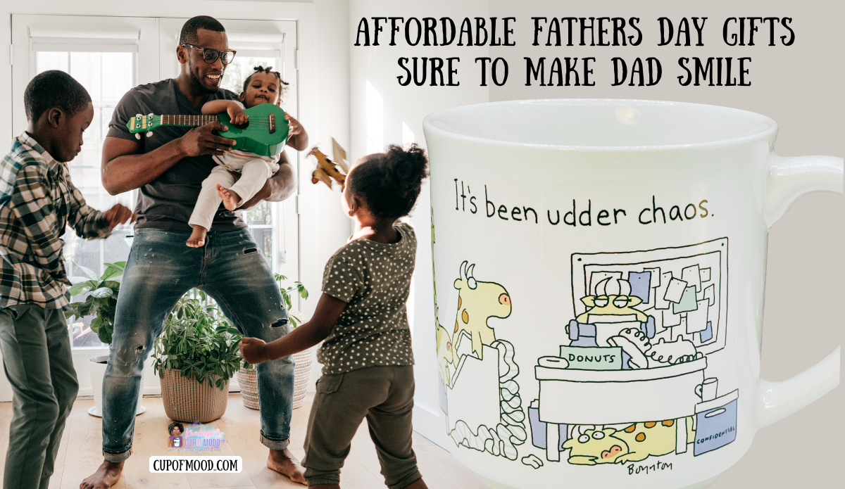Affordable Fathers Day gifts featuring Udder Chaos dad mug with funny family scene.