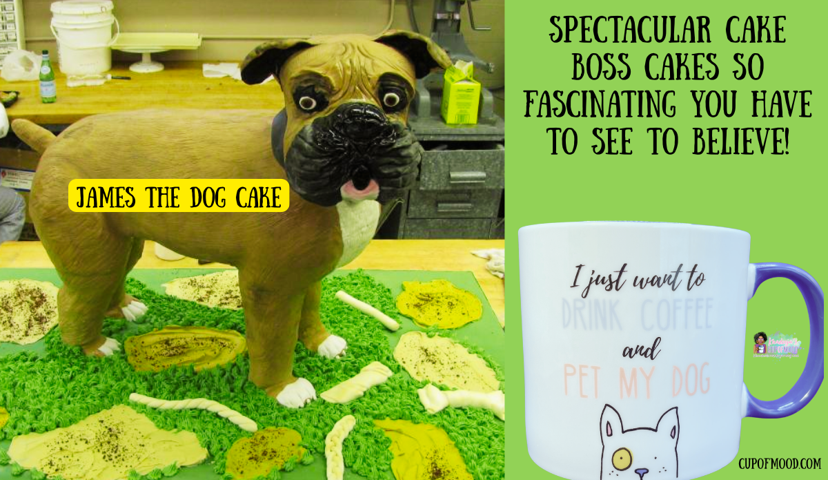 Cake Boss dog cake beside Jumbo Care About Dogs Mug