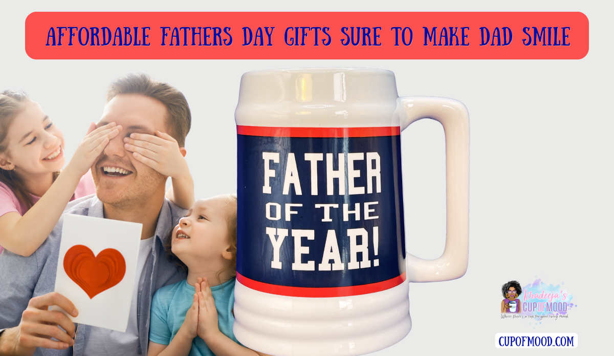 Affordable Fathers Day gifts featuring Father Of The Year beer stein with smiling dad and children.