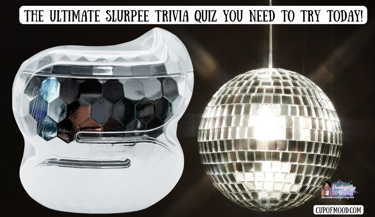 Silver Disco Ball Slurpee Cup beside a mirrored disco ball answer image from the Slurpee trivia quiz
