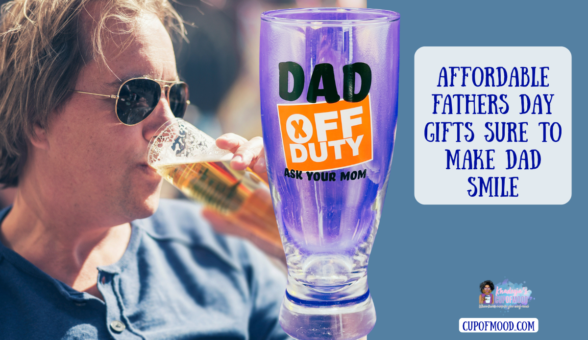 Affordable Fathers Day gifts featuring Dad Off Duty beer glass for relaxing dads.