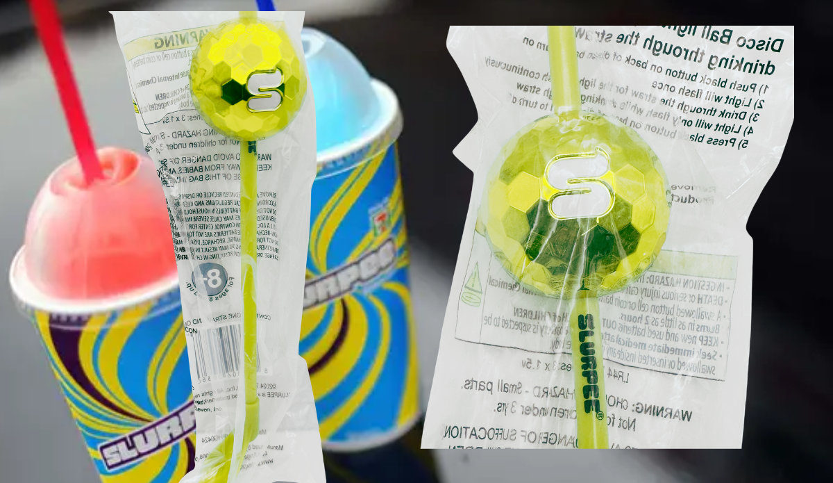 7-Eleven Slurpee Gold Disco Ball Light-Up Straw with colorful Slurpee drinks