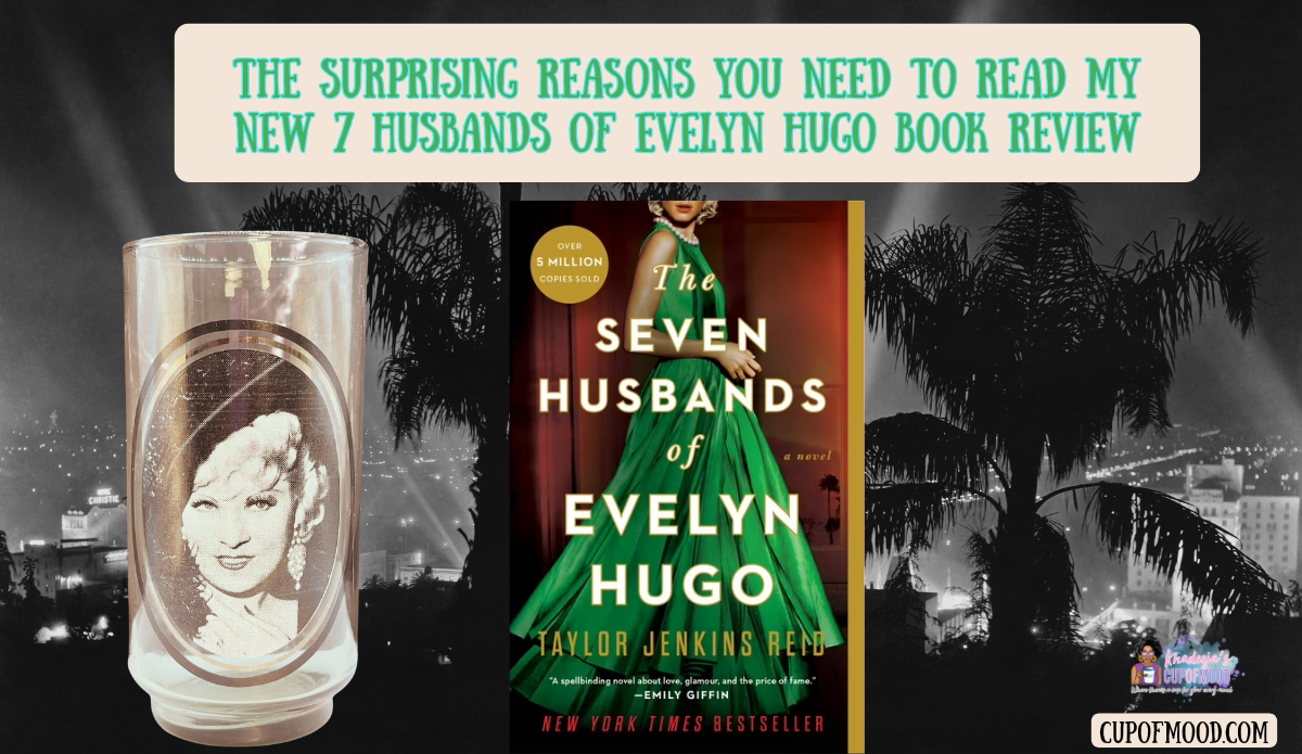 7 Husbands of Evelyn Hugo book review featuring vintage Mae West drinking glass and book cover