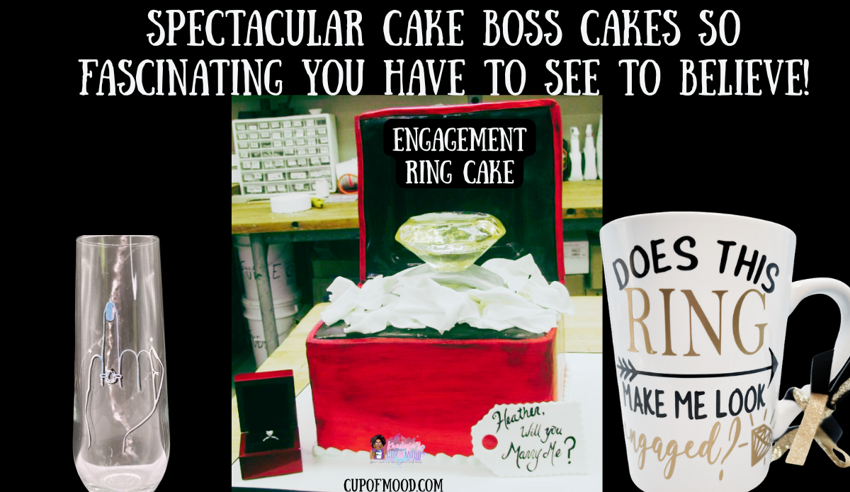 Cake Boss engagement ring cake with engagement coffee mug