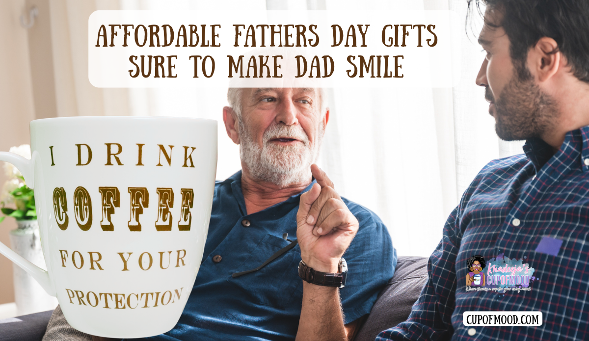 Affordable Fathers Day gifts featuring I Drink Coffee For Your Protection mug with dad and son.