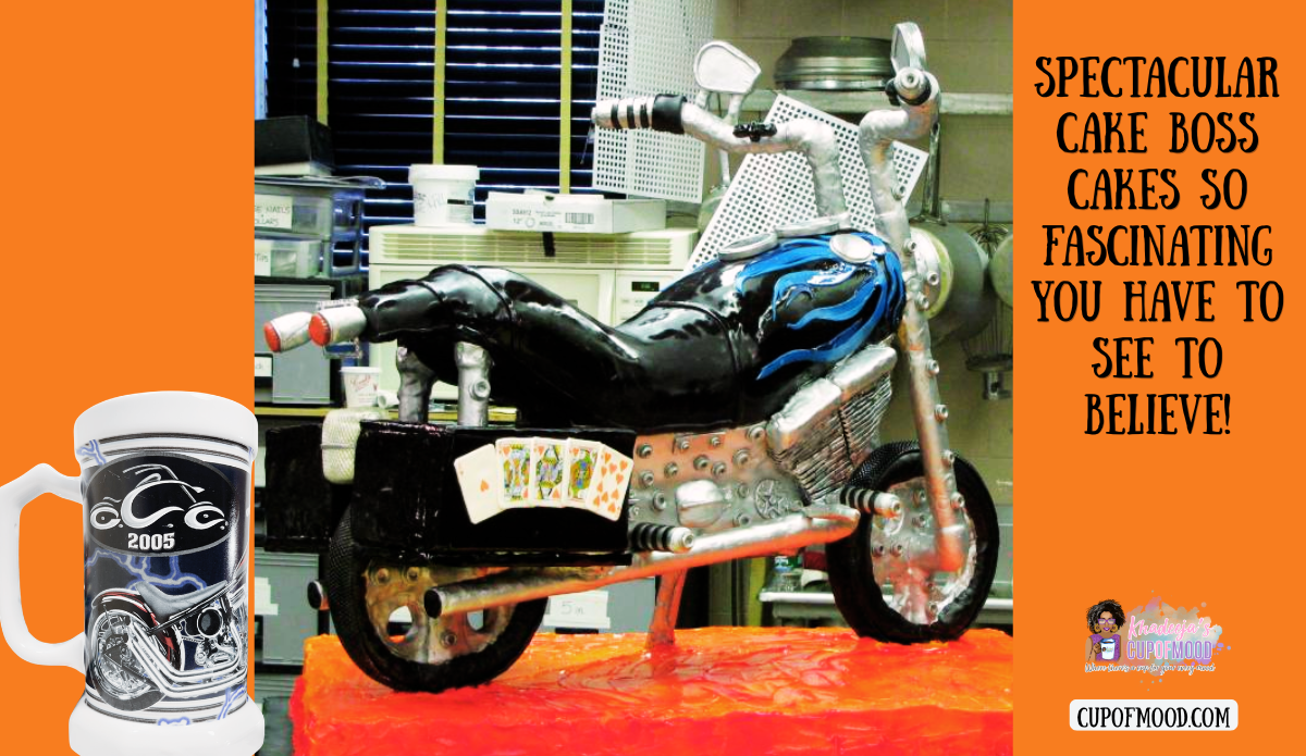 Cake Boss motorcycle cake with Orange County Choppers beer stein
