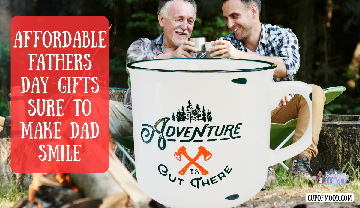 Affordable Fathers Day gifts featuring Adventure Dad mug with father and sons outdoors.