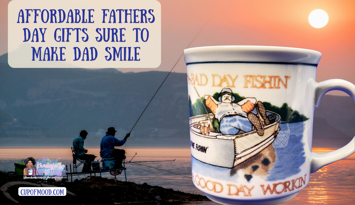 Affordable Fathers Day gifts featuring Bad Day Good Fishing mug for dads who love fishing.