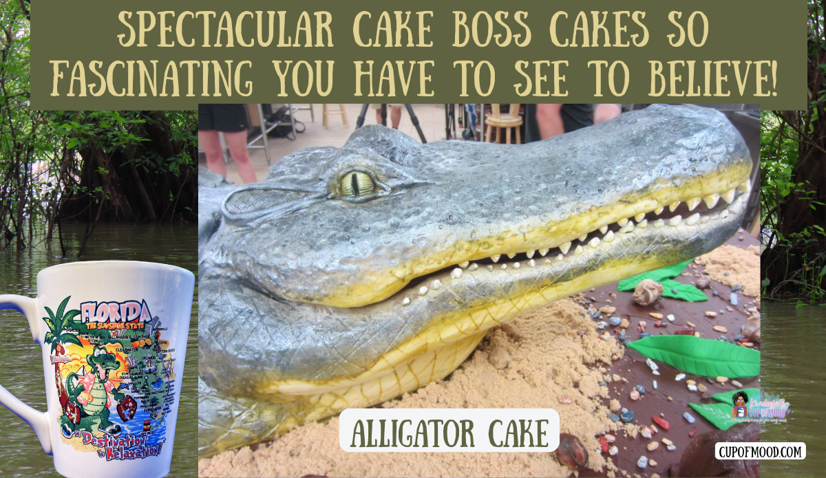 Cake Boss alligator cake with Florida Destination Relaxation Mug