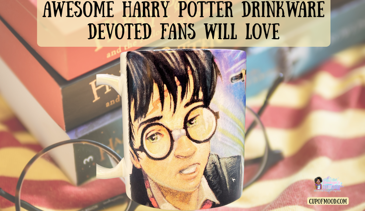 Harry Potter drinkware hero image featuring a character mug displayed with Harry Potter books, glasses, and Gryffindor-inspired fabric.