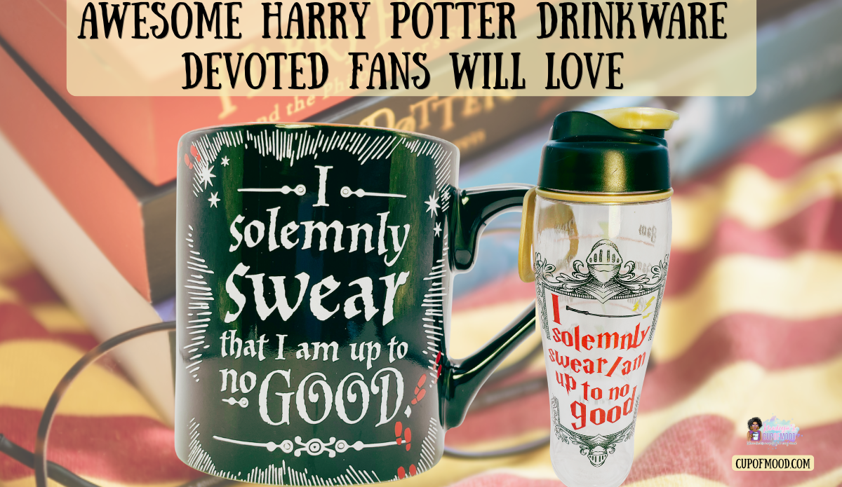 Harry Potter drinkware featuring an “I Solemnly Swear That I Am Up to No Good” mug beside a matching water bottle.