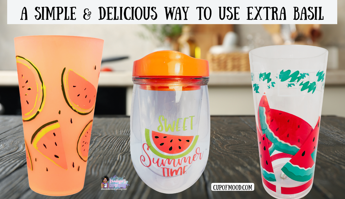 Way to use extra basil blog image featuring three colorful watermelon-themed tumblers for serving a small batch of summer drinks.