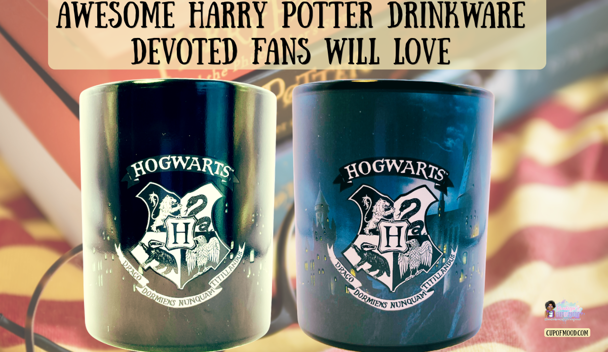 Harry Potter Hogwarts heat activated mug shown before and after the castle design appears.