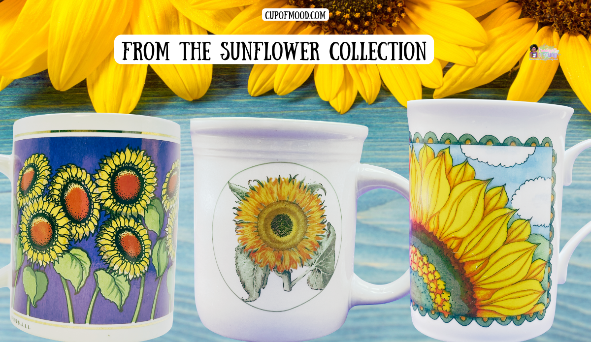 Three floral mugs from the CupofMood Sunflower Collection displayed beneath large golden sunflower petals.