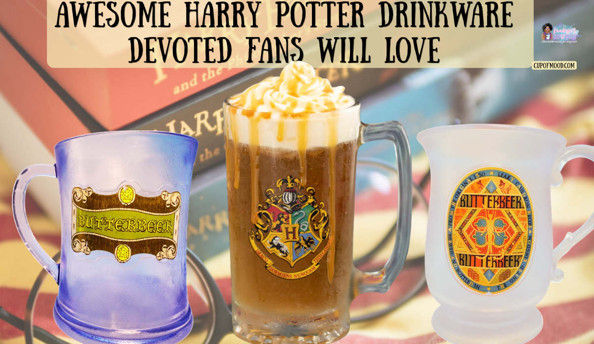Harry Potter drinkware featuring three Butterbeer mugs, including a filled Hogwarts mug with whipped topping and caramel drizzle.