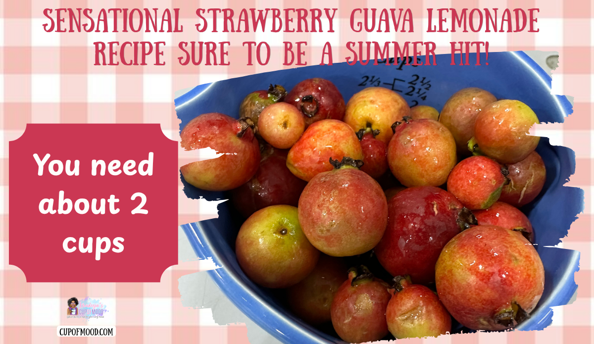 About two cups of washed strawberry guavas in a blue bowl for the CupofMood Strawberry Guava Lemonade recipe.